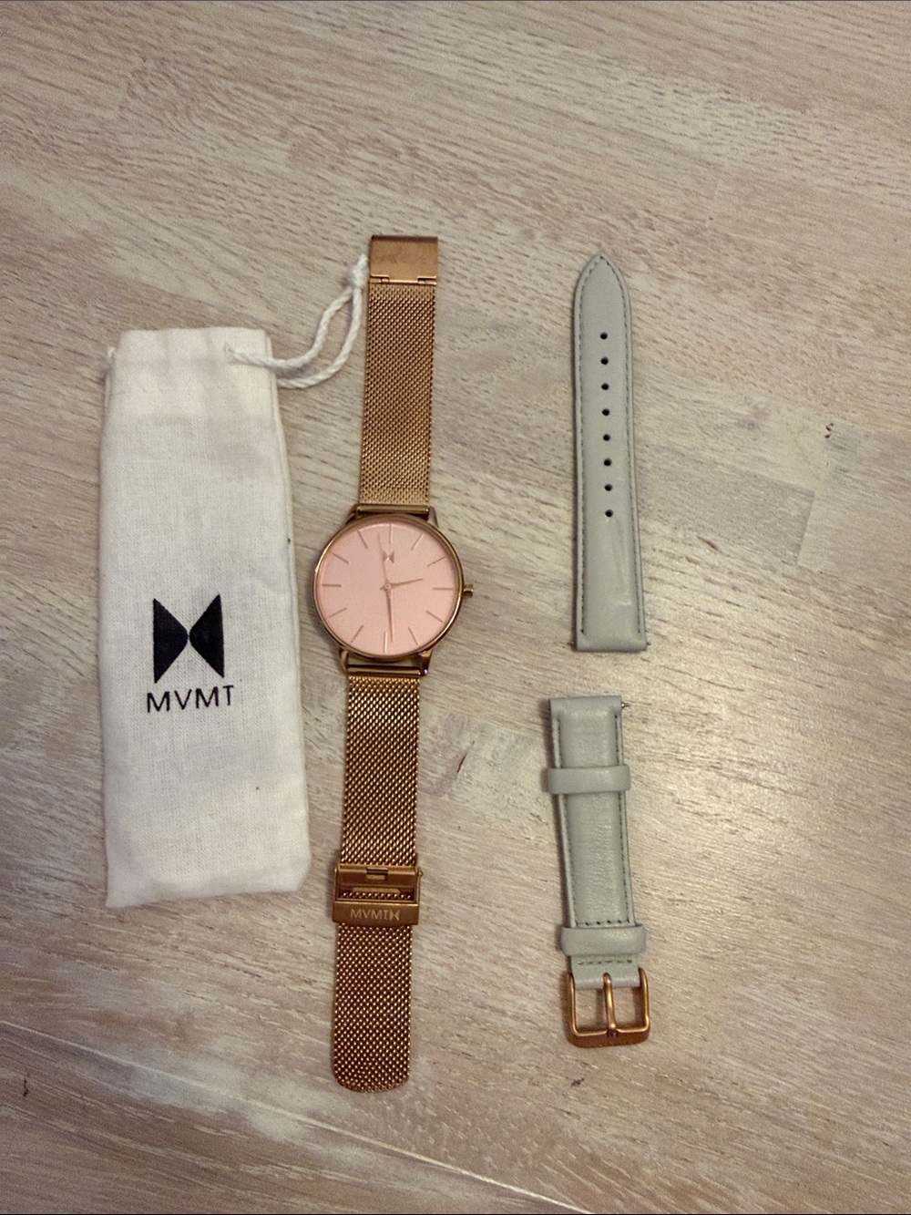 MVMT Rose Gold Watch with Pink Dial and Gray Straps
